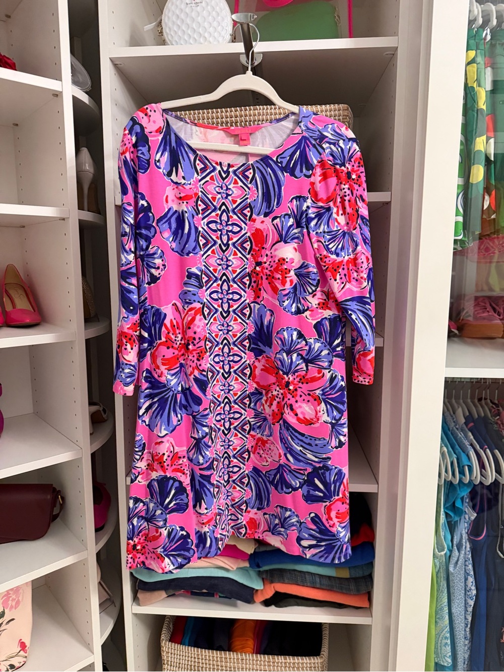 Lilly Pulitzer Size L Pink Floral Long Sleeve Dress Blue Pink Print